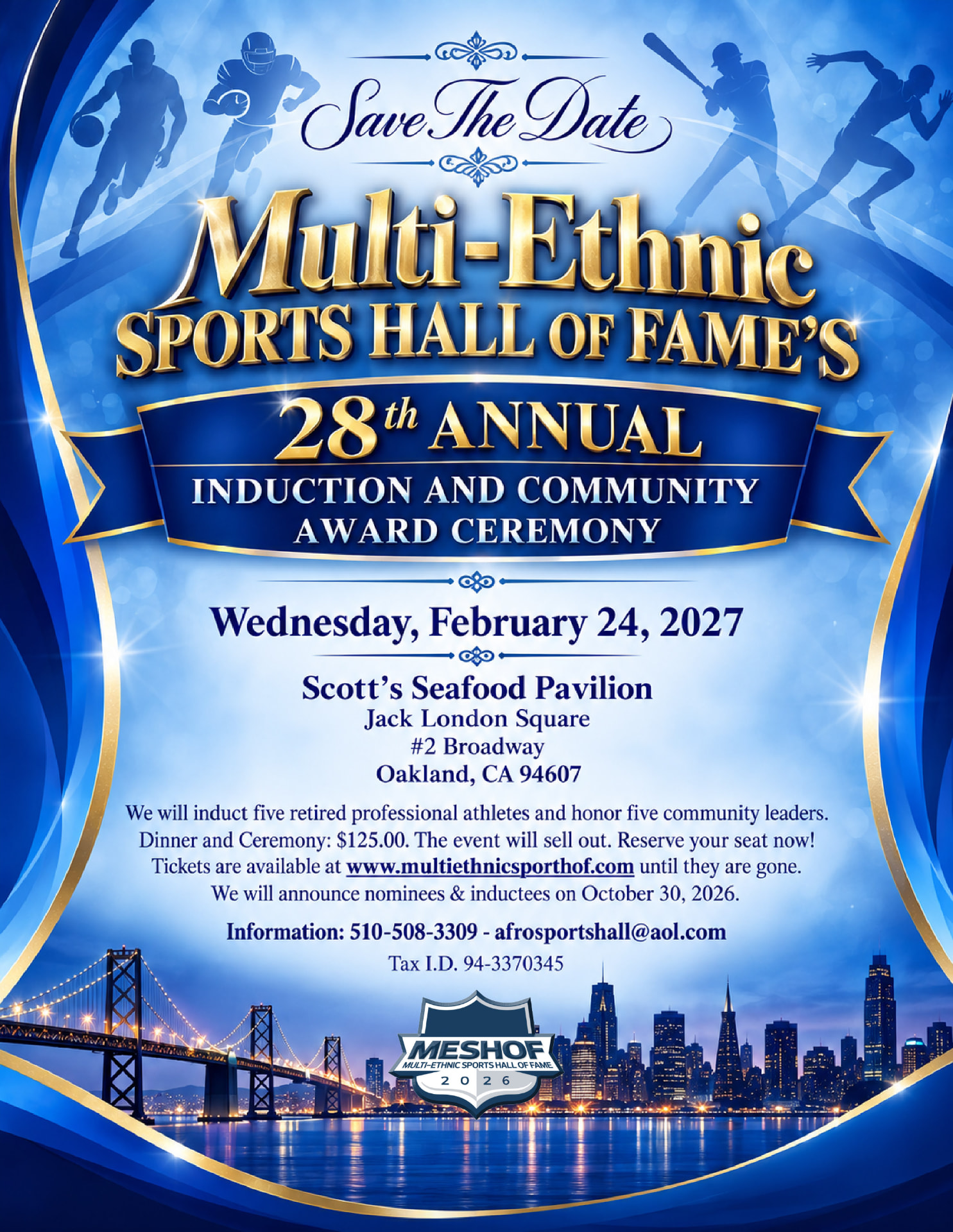 Save the Date flyer for the 28th Annual MESHOF Induction and Community Awards Ceremony on Wednesday, February 24, 2027, at Scott's Seafood Pavilion in Oakland